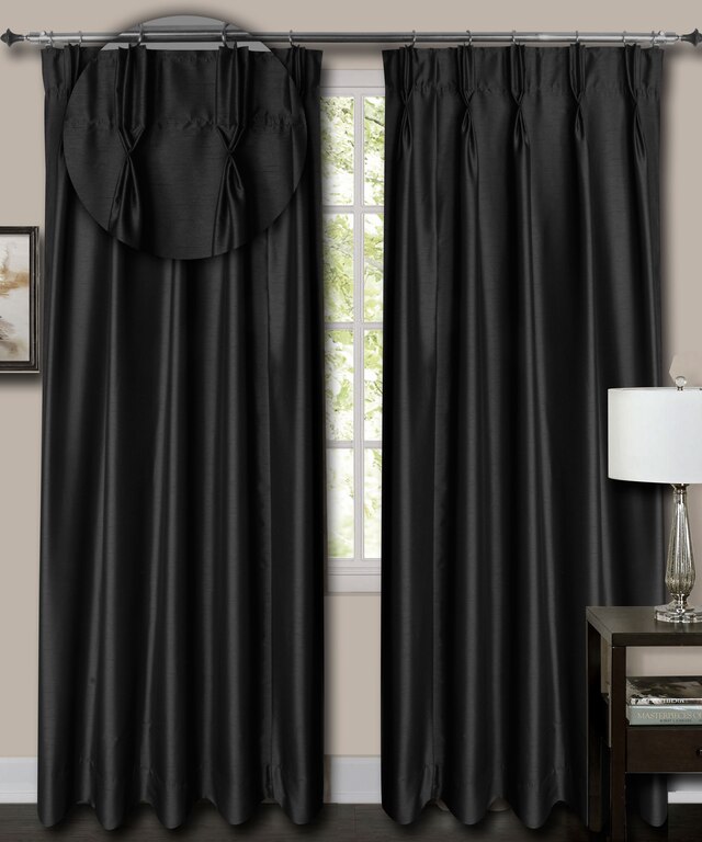 French Pleat Top Black Faux Silk Dupioni Curtains. (24" Wide, 12 Feet Long, Thick Lining)